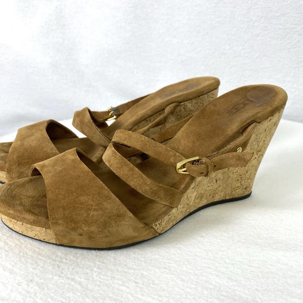 UGG Heels Sz 9 Jullita Wedge Brown Suede Cork Sandal Neutral Preppy Chic Resort